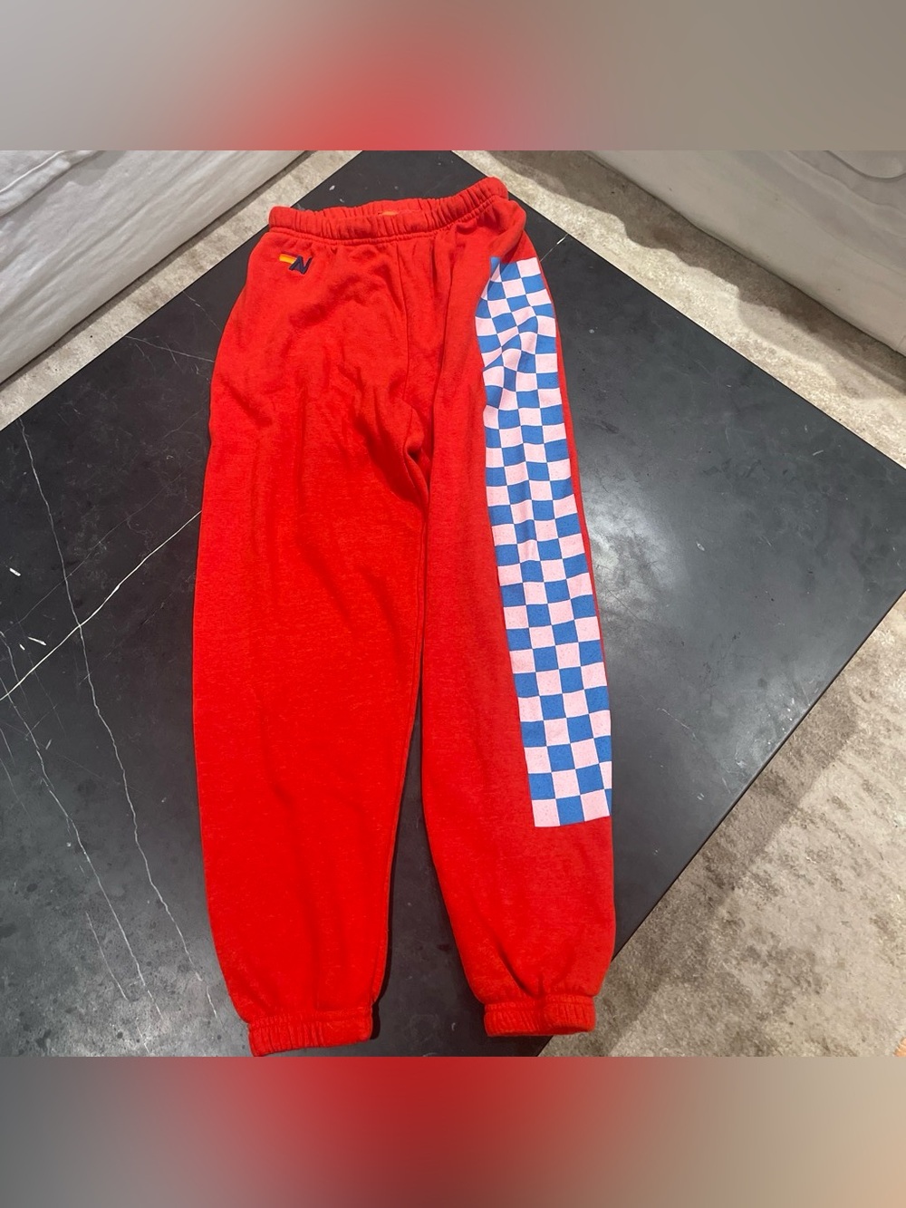 Aviator Nation Red Joggers with Blue & Pink Checker Stripe size XS